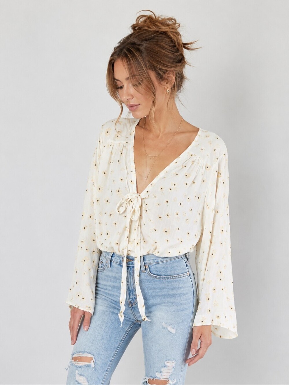 Free People Intimately White Lace Sunflower Bell Sleeve Bodysuit XS Boho Top